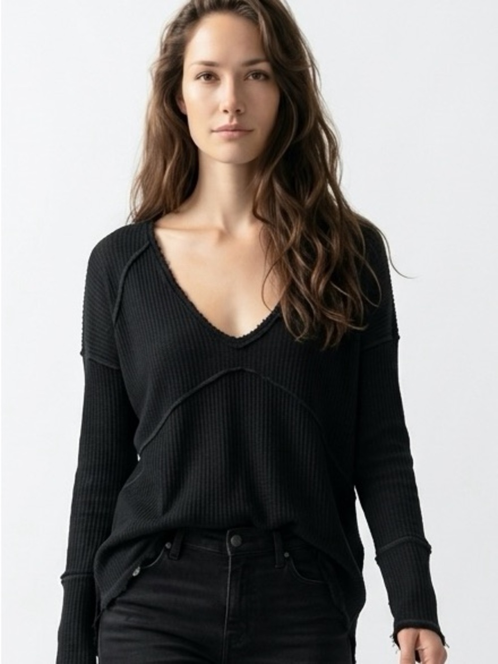 FREE PEOPLE | Black V-Neck Waffle Knit Thermal Top Women’s Size Small
